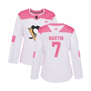 Women Adidas Pittsburgh Penguins #7 Paul Martin Authentic White Pink Fashion NHL Jersey