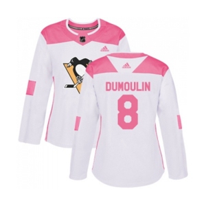 Women Adidas Pittsburgh Penguins #8 Brian Dumoulin Authentic White Pink Fashion NHL Jersey