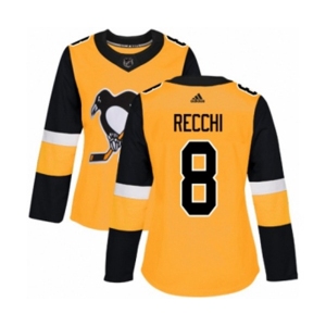 Women Adidas Pittsburgh Penguins #8 Mark Recchi Authentic Gold Alternate NHL Jersey