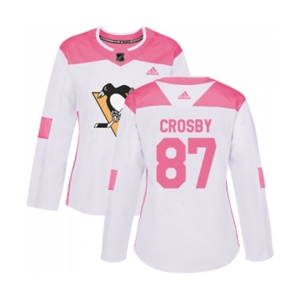 Women Adidas Pittsburgh Penguins #87 Sidney Crosby Authentic White Pink Fashion NHL Jersey