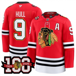 Men's Chicago Blackhawks #9 Bobby Hull Red 2025 Home 100th Anniversary Stitched Hockey Jersey