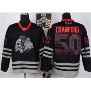 NHL Chicago Blackhawks #50 Corey Crawford Black Ice Skull logo 2015 Stanley Cup Champions jerseys