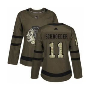 Women Adidas Chicago Blackhawks #11 Jordan Schroeder Authentic Green Salute to Service NHL Jersey