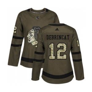Women Adidas Chicago Blackhawks #12 Alex DeBrincat Authentic Green Salute to Service NHL Jersey