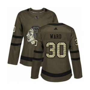 Women Adidas Chicago Blackhawks #30 Cam Ward Authentic Green Salute to Service NHL Jersey