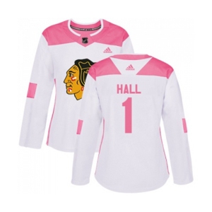 Women's Adidas Chicago Blackhawks #1 Glenn Hall Authentic White Pink Fashion NHL Jersey