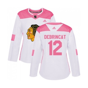 Women's Adidas Chicago Blackhawks #12 Alex DeBrincat Authentic White Pink Fashion NHL Jersey