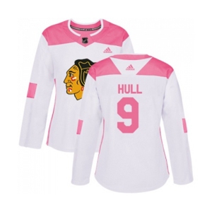 Women's Adidas Chicago Blackhawks #9 Bobby Hull Authentic White Pink Fashion NHL Jersey