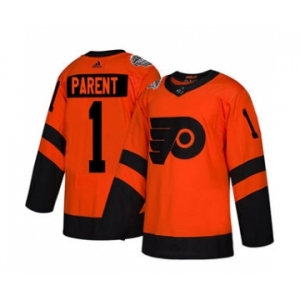 Men's Flyers #1 Bernie Parent Orange 2019 Stadium Series Stitched Hockey Jersey