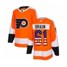 Men's Flyers #61 Justin Braun Orange Home Authentic USA Flag Stitched Hockey Jersey