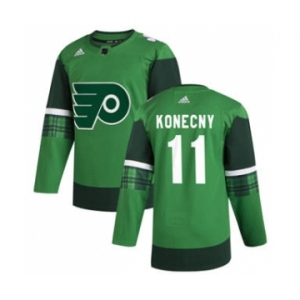 Men's Philadelphia Flyers #11 Travis Konecny 2020 St. Patrick's Day Stitched Hockey Jersey Green