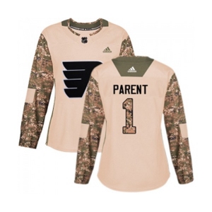 Women Adidas Philadelphia Flyers #1 Bernie Parent Authentic Camo Veterans Day Practice NHL Jersey