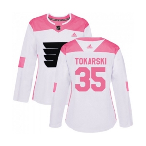 Women Adidas Philadelphia Flyers #35 Dustin Tokarski Authentic White Pink Fashion NHL Jersey