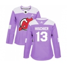 Women New Jersey Devils #13 Nico Hischier Authentic Purple Fights Cancer Practice Hockey Jersey