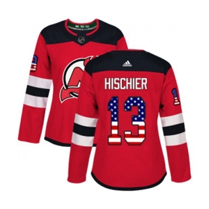 Women New Jersey Devils #13 Nico Hischier Authentic Red USA Flag Fashion Hockey Jersey