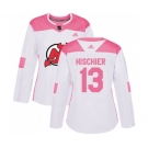 Women New Jersey Devils #13 Nico Hischier Authentic White Pink Fashion Hockey Jersey