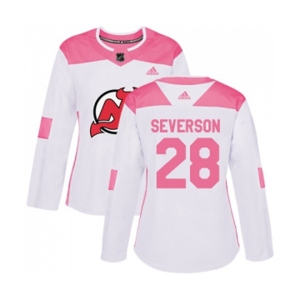 Women New Jersey Devils #28 Damon Severson Authentic White Pink Fashion Hockey Jersey