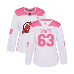 Women New Jersey Devils #63 Jesper Bratt Authentic White Pink Fashion Hockey Jersey