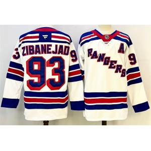 Men's New York Rangers #93 Mika Zibanejad White With A Patch 2024-25 Away Stitched Hockey Jersey