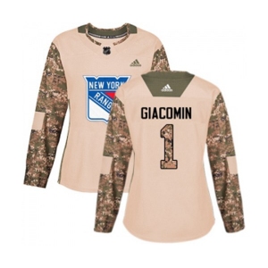 Women Adidas New York Rangers #1 Eddie Giacomin Authentic Camo Veterans Day Practice NHL Jersey