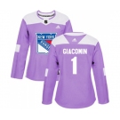 Women Adidas New York Rangers #1 Eddie Giacomin Authentic Purple Fights Cancer Practice NHL Jersey