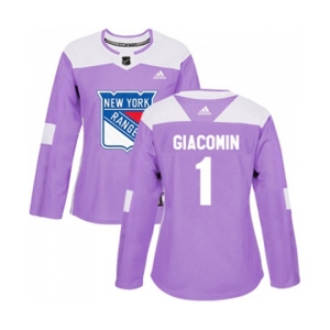Women Adidas New York Rangers #1 Eddie Giacomin Authentic Purple Fights Cancer Practice NHL Jersey