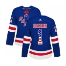 Women Adidas New York Rangers #1 Eddie Giacomin Authentic Royal Blue USA Flag Fashion NHL Jersey