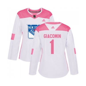Women Adidas New York Rangers #1 Eddie Giacomin Authentic White Pink Fashion NHL Jersey