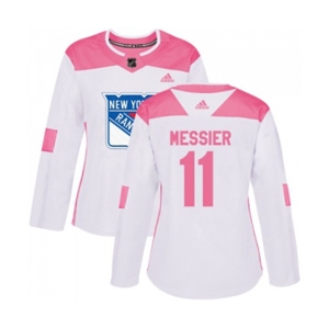 Women Adidas New York Rangers #11 Mark Messier Authentic White Pink Fashion NHL Jersey