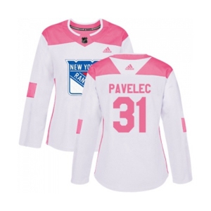Women Adidas New York Rangers #31 Ondrej Pavelec Authentic White Pink Fashion NHL Jersey