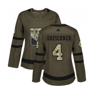 Women Adidas New York Rangers #4 Ron Greschner Authentic Green Salute to Service NHL Jersey