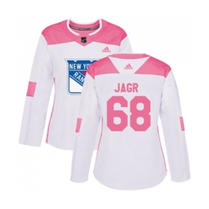 Women Adidas New York Rangers #68 Jaromir Jagr Authentic White Pink Fashion NHL Jersey