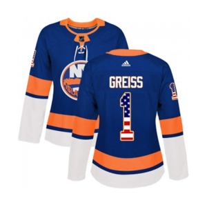 Women Adidas New York Islanders #1 Thomas Greiss Authentic Royal Blue USA Flag Fashion NHL Jersey