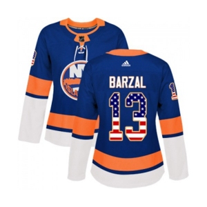 Women Adidas New York Islanders #13 Mathew Barzal Authentic Royal Blue USA Flag Fashion NHL Jersey