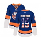 Women Adidas New York Islanders #15 Cal Clutterbuck Authentic Royal Blue USA Flag Fashion NHL Jersey