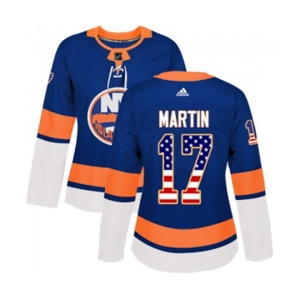 Women Adidas New York Islanders #17 Matt Martin Authentic Royal Blue USA Flag Fashion NHL Jersey