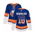 Women Adidas New York Islanders #18 Anthony Beauvillier Authentic Royal Blue USA Flag Fashion NHL Jersey