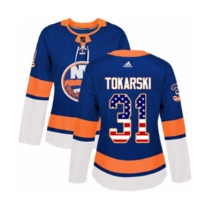 Women Adidas New York Islanders #31 Dustin Tokarski Authentic Royal Blue USA Flag Fashion NHL Jersey