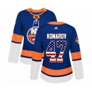 Women Adidas New York Islanders #47 Leo Komarov Authentic Royal Blue USA Flag Fashion NHL Jersey