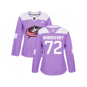 Women Adidas Columbus Blue Jackets #72 Sergei Bobrovsky Purple Authentic Fights Cancer Stitched NHL Jersey