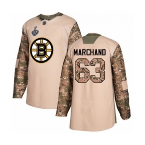 Men's Boston Bruins #63 Brad Marchand Authentic Camo Veterans Day Practice 2019 Stanley Cup Final Bound Hockey Jersey