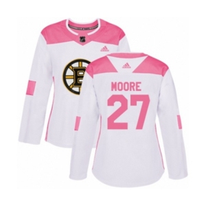 Women Adidas Boston Bruins #27 John Moore Authentic White Pink Fashion NHL Jersey