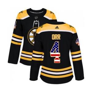 Women Adidas Boston Bruins #4 Bobby Orr Authentic Black USA Flag Fashion NHL Jersey