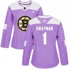 Women's Boston Bruins #1 Jeremy Swayman Adidas Authentic Fights Cancer Practice Jersey - Purple