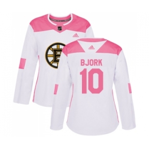 Women's Boston Bruins #10 Anders Bjork Authentic White Pink Fashion Hockey Jersey