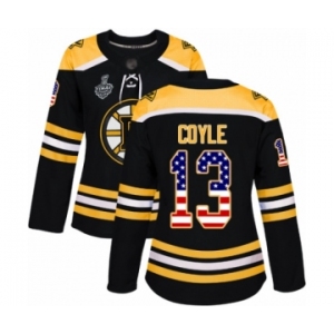 Women's Boston Bruins #13 Charlie Coyle Authentic Black USA Flag Fashion 2019 Stanley Cup Final Bound Hockey Jersey