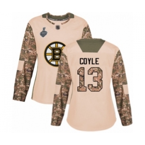 Women's Boston Bruins #13 Charlie Coyle Authentic Camo Veterans Day Practice 2019 Stanley Cup Final Bound Hockey Jersey