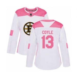 Women's Boston Bruins #13 Charlie Coyle Authentic White Pink Fashion Hockey Jersey