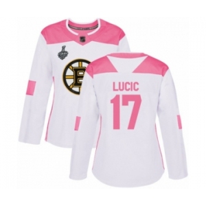 Women's Boston Bruins #17 Milan Lucic Authentic White Pink Fashion 2019 Stanley Cup Final Bound Hockey Jersey