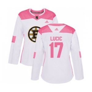 Women's Boston Bruins #17 Milan Lucic Authentic White Pink Fashion Hockey Jersey